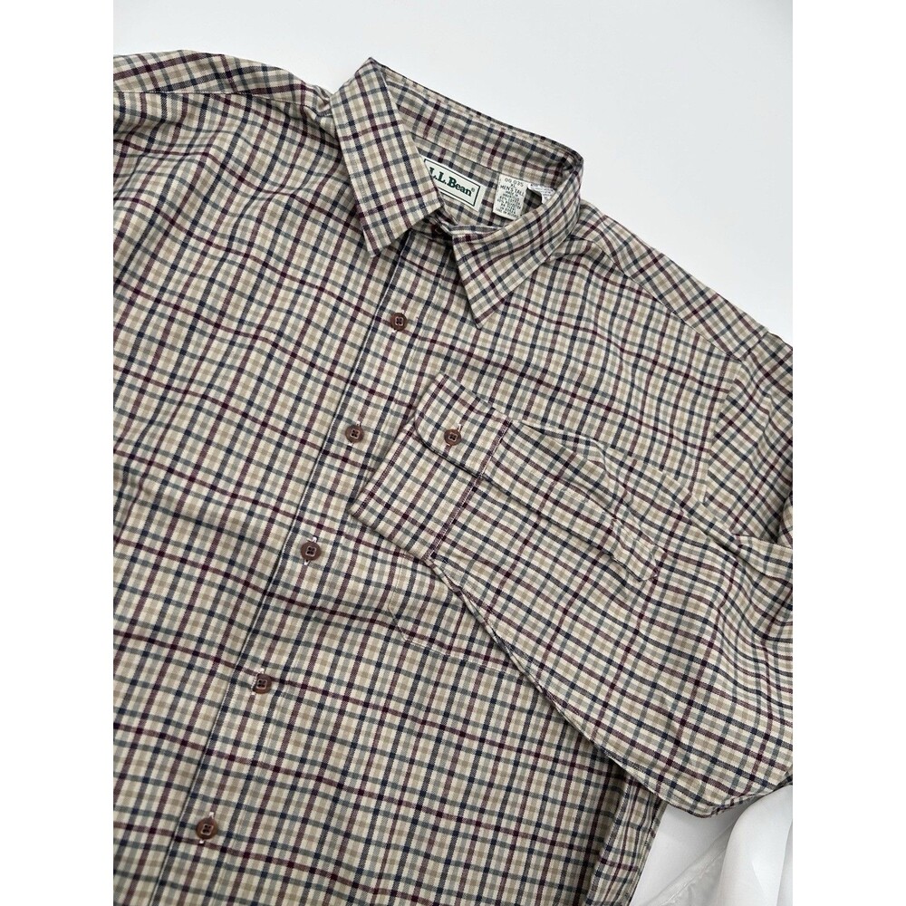 LL Bean Men’s XL Tall Plaid Flannel Button Down Shirt Y2K Beige Cotton Blend